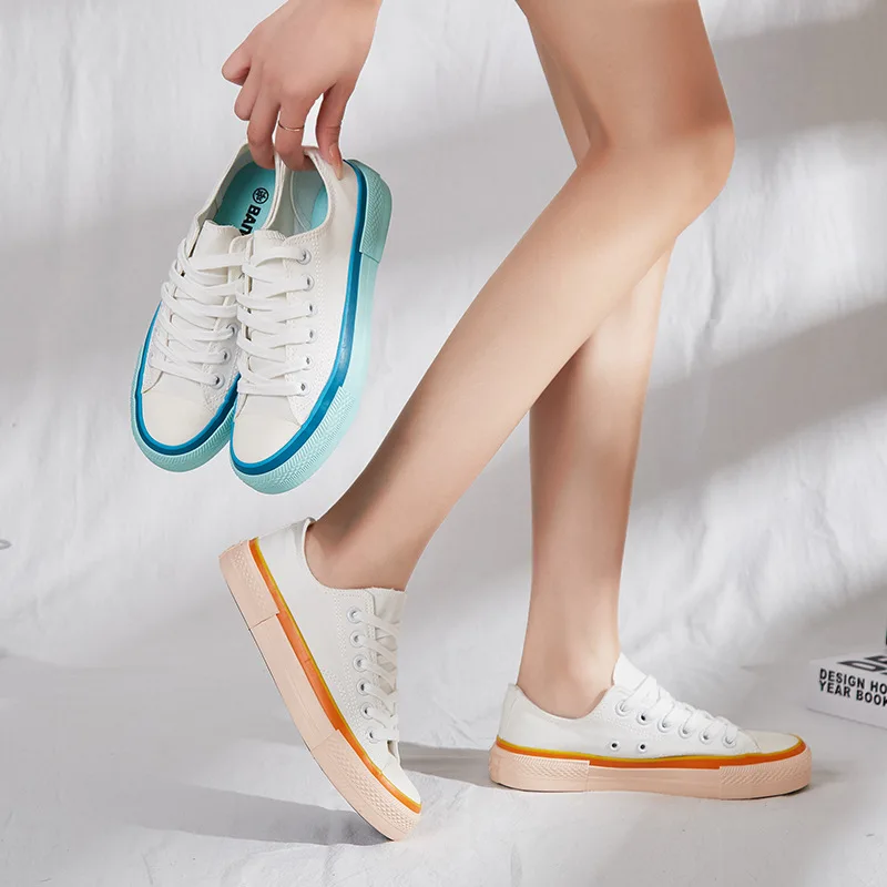 

Summer new canvas lace-up flat color bottom breathable and comfortable white shoes all-match casual student women's shoes