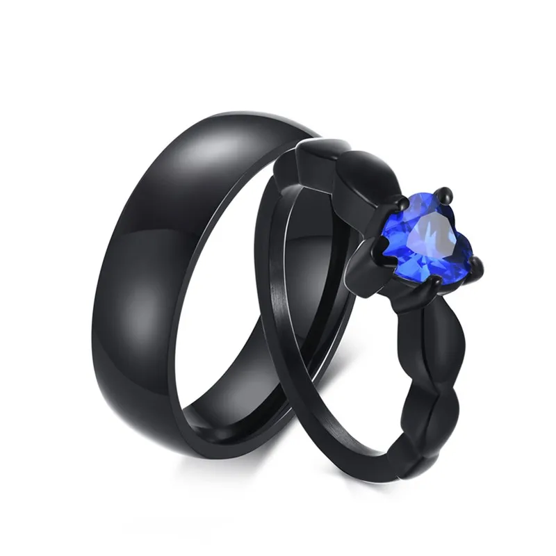 Парные кольца из нержавеющей стали с черным сапфировым синим сердцем и фианитом