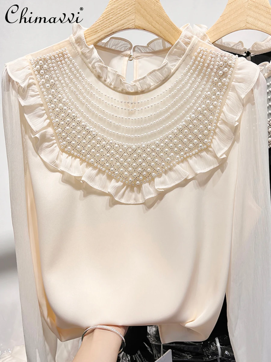 

2022 New Fall French Fashion Elegant Stand Collar Blouses Women's Simple Sweet Ruffled Mesh Beads Stitching Chiffon Shirt Top