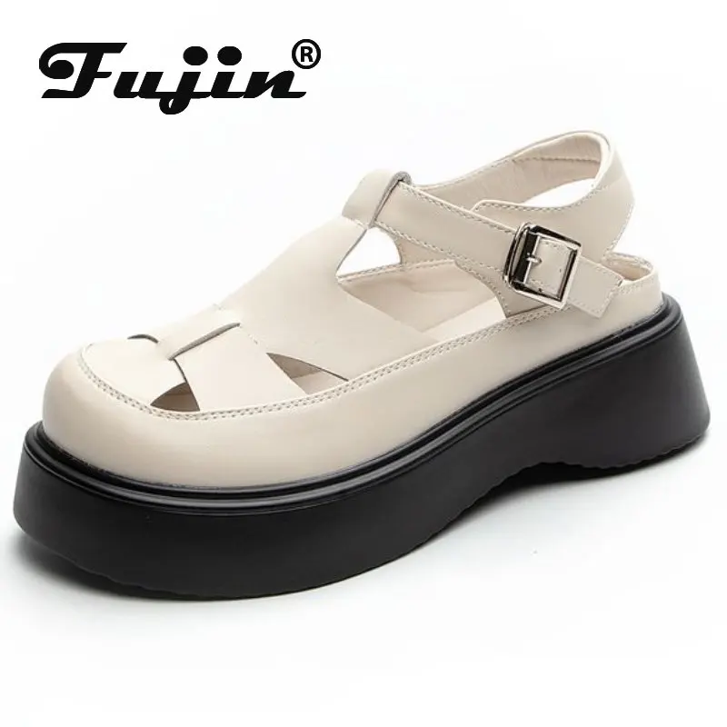 

Fujin 5cm Natural Weave Genuine Leather Females Platform Wedge Chunky Sneakers Comfy Women Sandals Buckle Summer Fashion Shoes