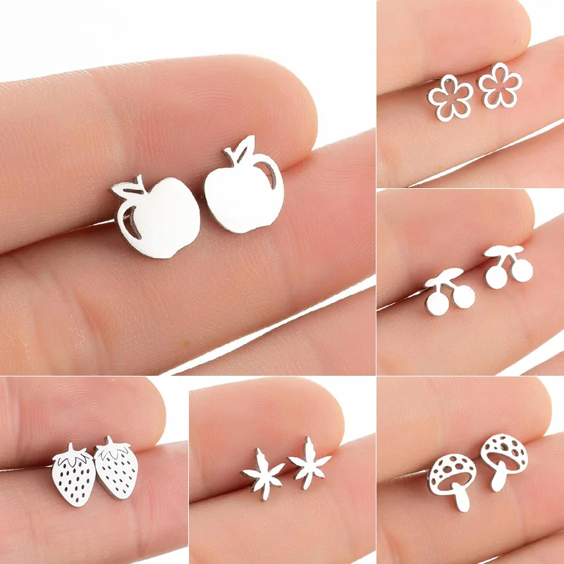 

Korean Stainless Steel Mini Stud Earrings for Women Girls Fashion Apple Cherry Mushroom Earings Ear Piercing Jewelry Brincos