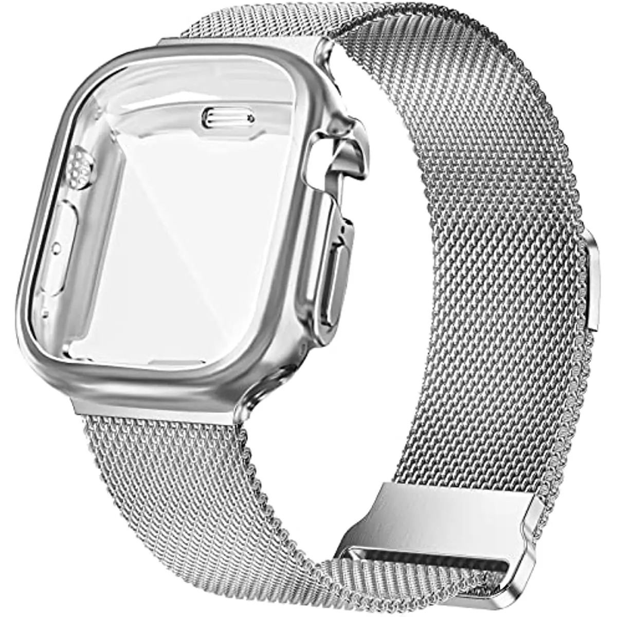 Kit Stainless Steel Milanese Mesh Loop Replacement Strap Magnetic Band for Apple Watch Ultra 49mm 8 7 6 + Glossy Clear TPU Case