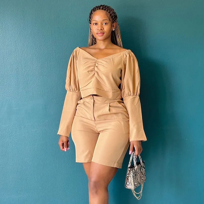 

European and American Women's Clothing 2023 Autumn and Winter New V-neck Short Long Sleeve Top Straight Shorts TrendyCasual Suit