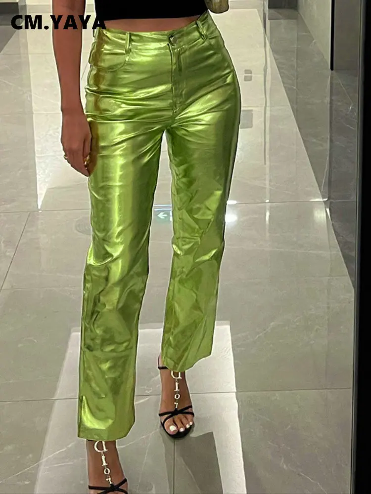 

CM.YAYA Women Fashion Metallic Straight-Leg Pants Sparkling Elastic Waist Trousers Streetwear Clubwear Costumes 2022 PU Trousers