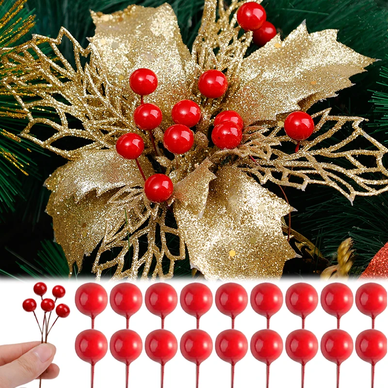 

100-300pcs Christmas Artificial Berry Red Stamen Cherry Mini Fake Berries Flowers Pearl Beads for DIY Christmas Party Craft