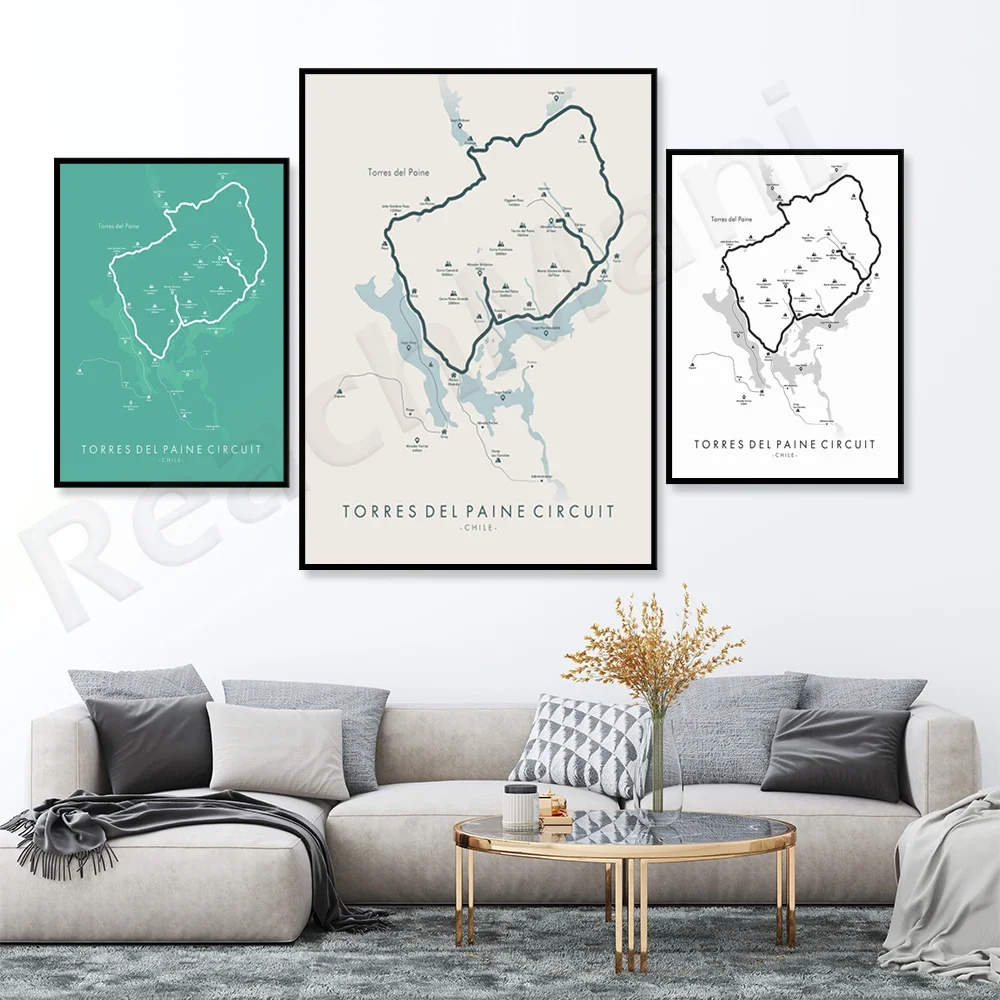 Плакат Torres Del Paine Trail | Карта Пеший туризм Чили Поход Ожимайте свое приключение