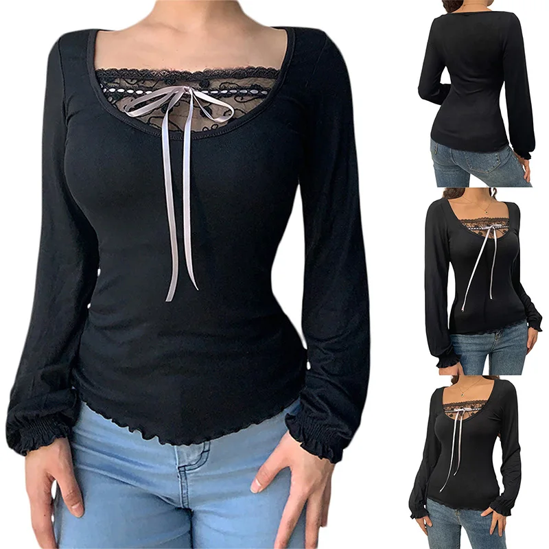 

Women Casual Tops Female Long Sleeve Lace Mesh Cover Bowknot V Neck Shirts