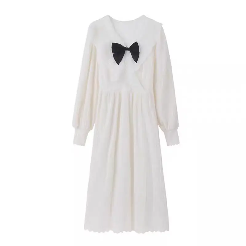 

2023 Fashion Mori Girl Spring Women Lace Dress V Neck Bow Apricot Fairycore French Dresses Preppy Cute Kawaii Ruffles Dresses