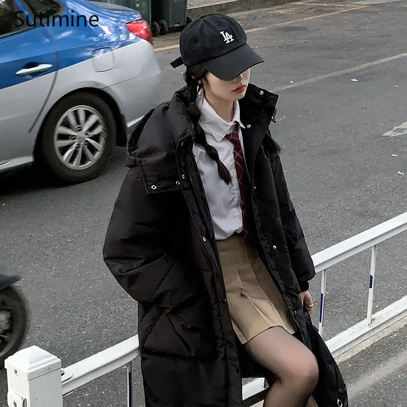 Winter Clothes Women Button Office Lady Women Cotton Coat Hooded Over Knee Down Cotton Coat Loose Pockets Winter Coat Women