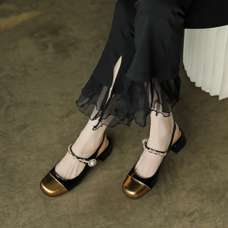 2023 new French small chunky heel Mary Jane women's shoes vintage mid-heel square toe single shoes 573