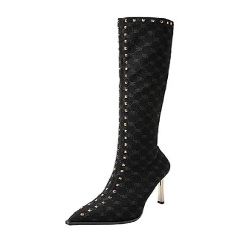 

Retro Winter Soft Leather Chelsea Boots Punk Style Rivet Pointed Toe Boots Women Thin High Heels Knee High Boots Women
