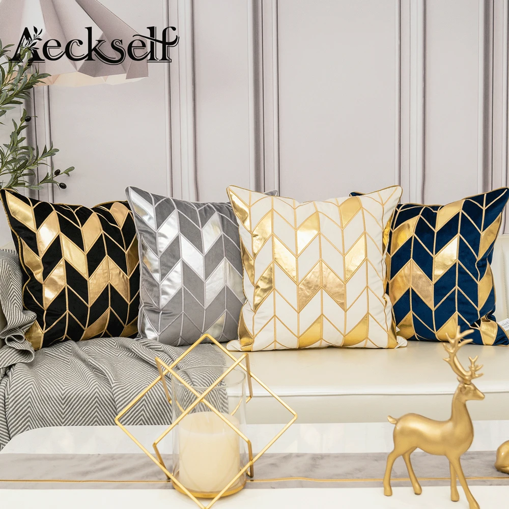 

Aeckself Luxury Geometric Plaid Leather Embroidery Velvet Cushion Cover Home Decor Blue Gold Gray Black White Throw Pillow Case