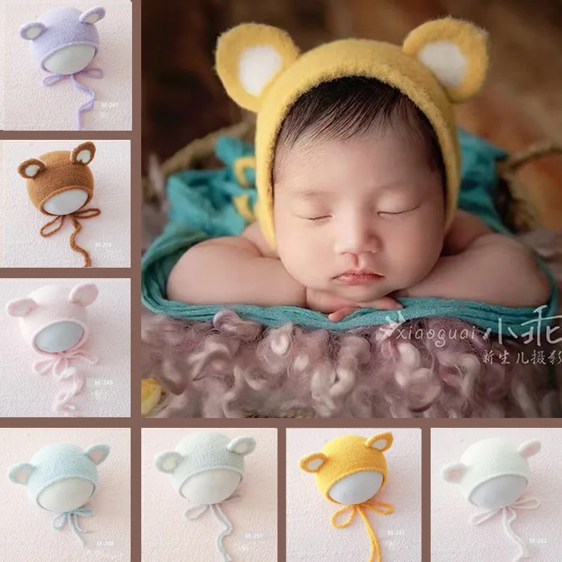 Newborn Photography Props Accessories Cute Ear Hat Male And Female Baby Photo Props Studio Infant 0-1 Month Shoot Knitted Cap