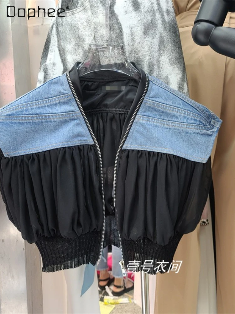 

Pleated Micro Transparent Mesh Stitching Sleeveless Vests for Women 2022 New Fashion Ladies Zipper V Neck Denim Vest Tube Tops