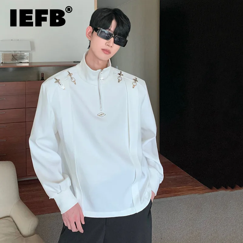 

Футболка IEFB мужская с длинным рукавом, нишевая дизайнерская Наплечная рубашка с металлической пряжкой в виде самолета, топ с воротником-стойкой, 9C2565, на осень-зиму