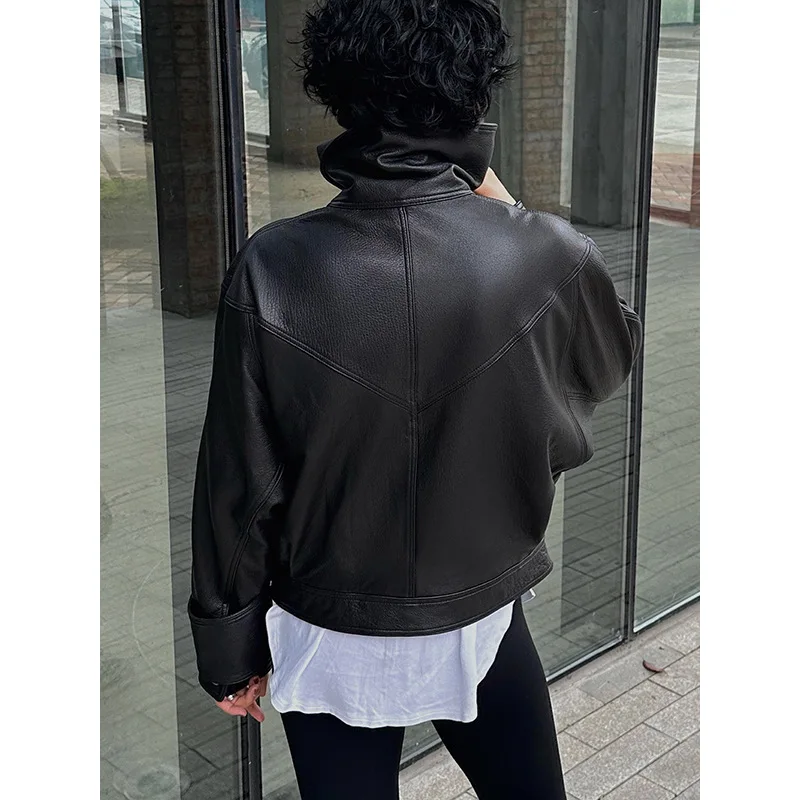 Кожаная куртка женская весна осень личи из овчины с большими лацканами винтажные