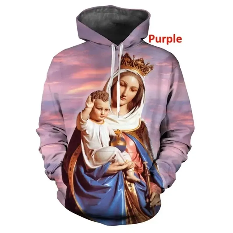Full Print Blessed Virgin Mary Jesus Graphic Hoodies Faith Love Hope Casual Hoodie For Men Women Long Sleeve Pullover Sweatshirt