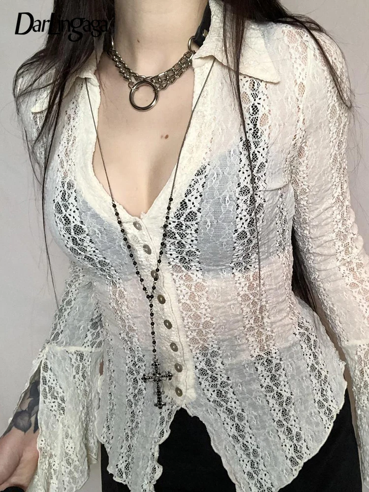 

Darlingaga Y2K Fairycore Vintage Chic Lace Shirt Women Sexy Fashion 90s Aesthetic See Through Blouse Tops Buttons Ladies Outfits