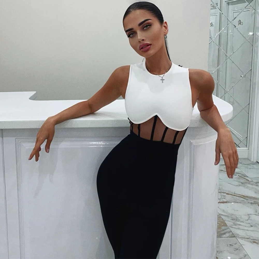 

Bandage Dress Women's Summer 2021 Black and White Bodycon Dress Sleeveless Mesh Insert Sexy Party Dress Evening Club Outfits