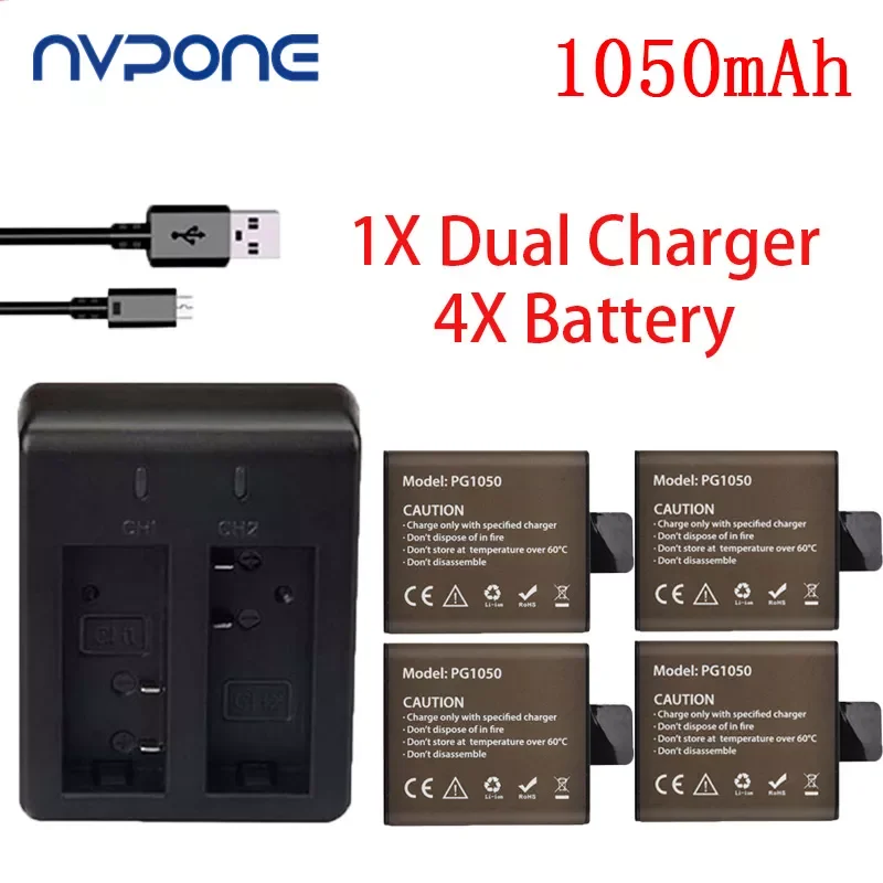 

4PCS 3.7V 1050mAh PG1050 Action Camera Battery + Dual Charger For EKEN H9 H9R H3 H3R H8PRO H8R SJ4000 SJCAM EKEN Camera battery