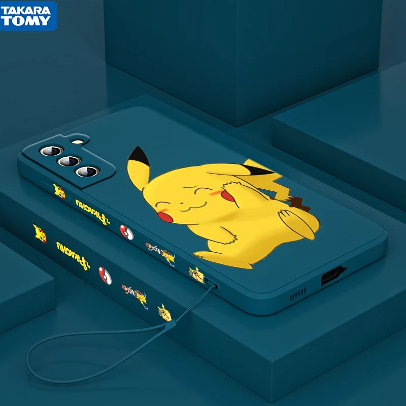 

Anime Pikachu Lovely For Samsung Galaxy S22 S21 S20 S10 Note 20 10 Ultra Plus Pro FE Lite Liquid Left Rope Silicone Phone Case
