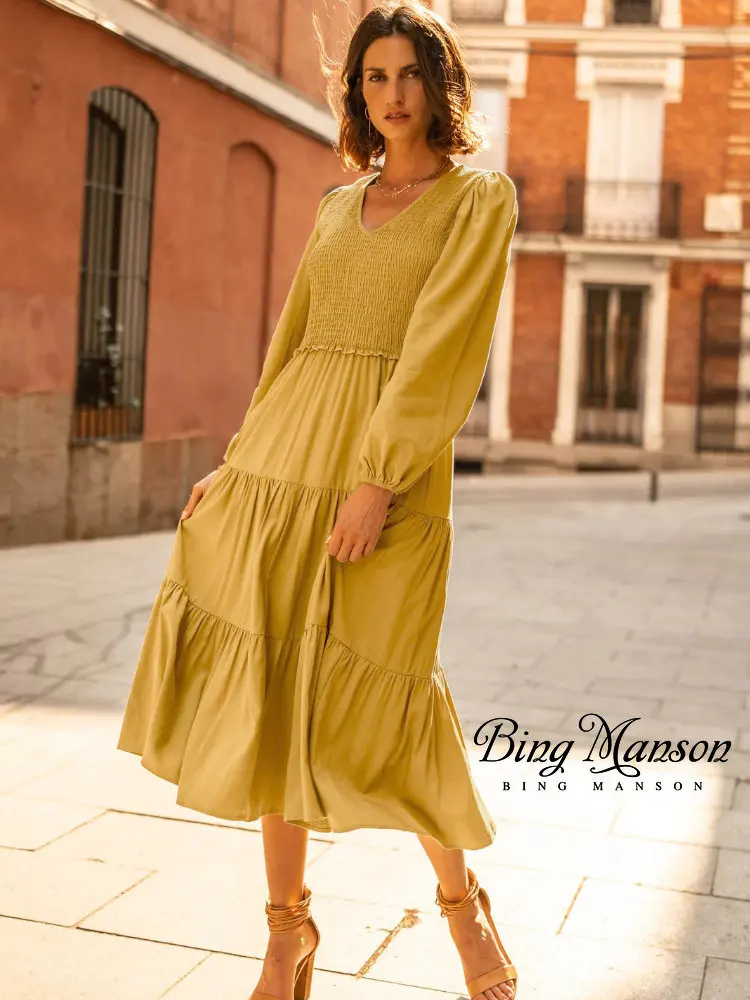 

2022 Women's Sense Hepburn Style Autumn Winter Inner Dress Ruffle Ruffle V Solid Elegant Long Sleeve Cake Party Dress