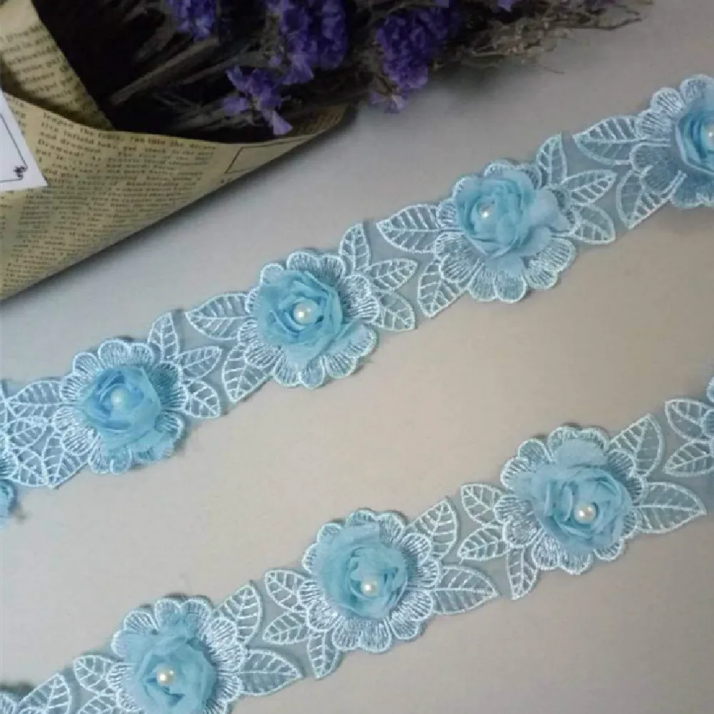 1 ярд 5 см растворимый синий бриллиант жемчужный цветок кружевная отделка вышитая