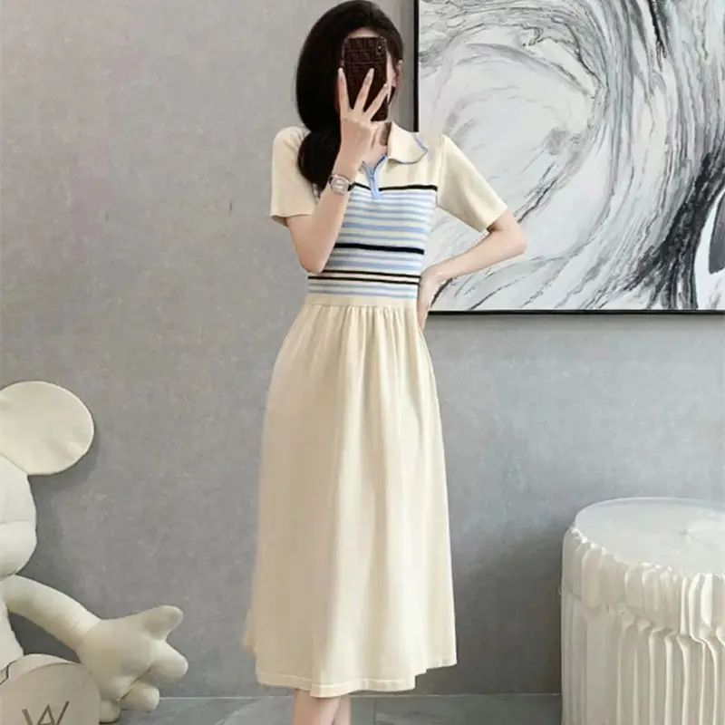 

Korean Knitted Dress For Women Summer New Fashion Striped Short Sleeve POLO Zipper Colar High Waist Mid-Calf A-line Dress P600