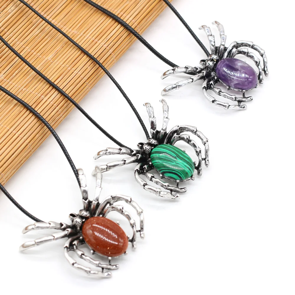 

4PCSNatural Stone Amethyst Shell Alloy Spider Pendant Necklace For Jewelry MakingDIY Necklace Accessorie Charm Gift Party50x60mm