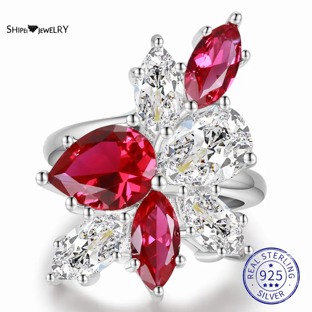 

Shipei 925 Sterling Silver Pear Cut Ruby Created Moissanite Diamonds Gemstone Wedding Engagement Ring Fine Jewelry Wholesale