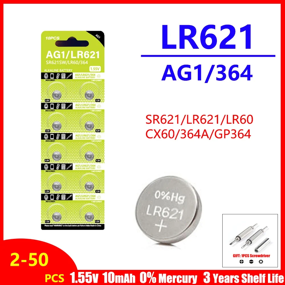 Щелочная батарея AG1 LR621 364 V364 164 531 SR621SW SR60 CX60 1 55 в для часов автомобильных ключей