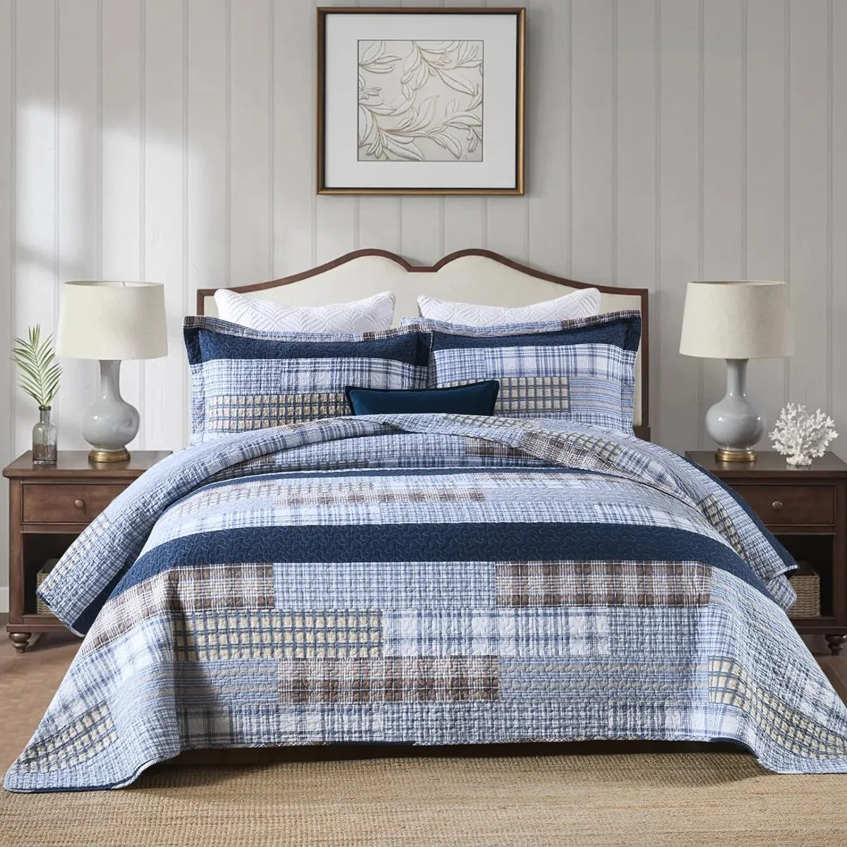 

100% Cotton Quilt Set Queen Size, Farmhouse Lightweight Comforter Reversible Quilt,Blue, 3 Pieces