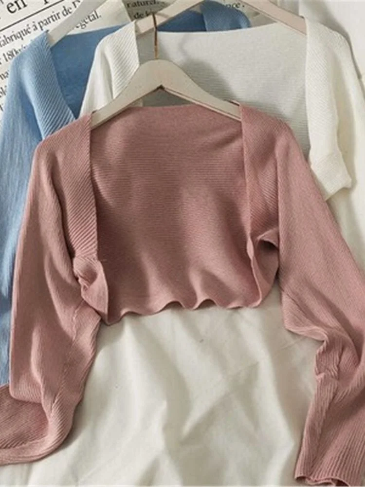 

Fashion Candy Color Short Shrugs Women Sweet Knitting Sweaters Open Stitch Solid Elegant OL Long Sleeve Students Soft All-match