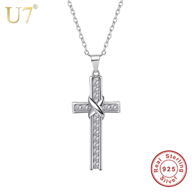 

U7 100% 925 Sterling Silver Cross Pendant & Chain Glittering CZ Zircon Necklace Christmas Gift for Women Christian Jewelry SC14