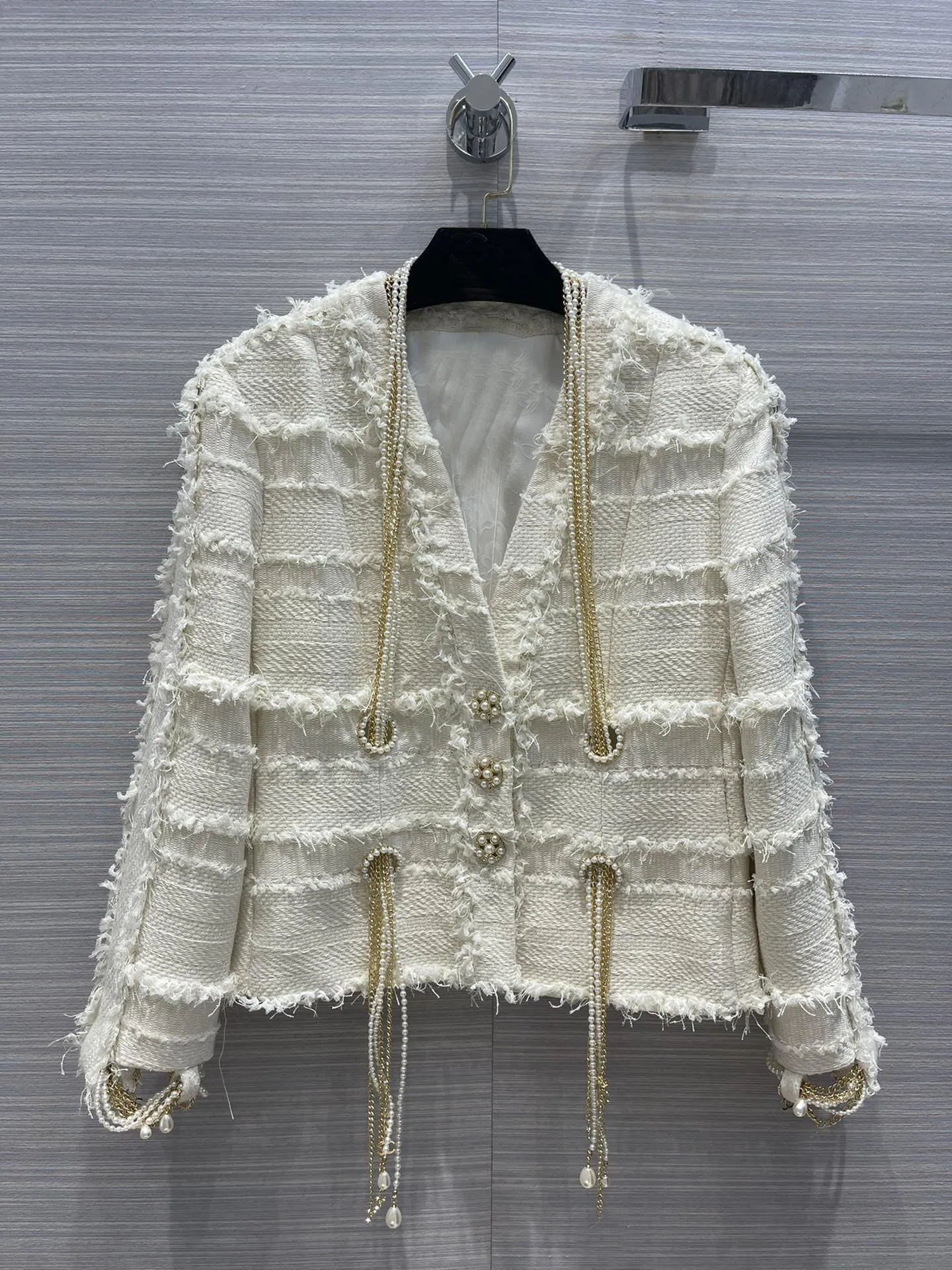 

2022SS Spring Luxury Vintage New Women High Quality Pearl Chains Tweed Jacket Coat Ladies Chic Outerwear Gdnz