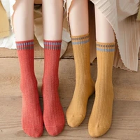 spring autumn vintage women loose long socks school solid knitting striped cotton sock breathable calcetines mujer chaussette