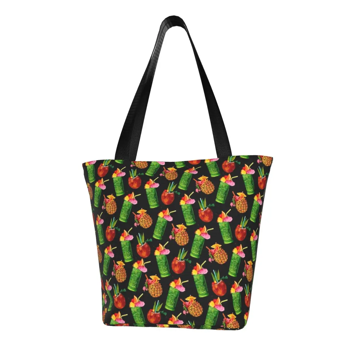 

Pineapple Shopper Bag Tiki Cocktail Pattern Handbags Student Graphic Tote Bag Cool Polyester School Beach Bag