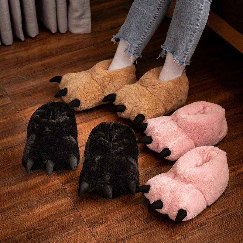 

Winter Cartoon Bear Claw Shoes Pink Warm Non-Slip Home Suede Round Cotton Slippers Fun Animals Christmas Decoration Unisex