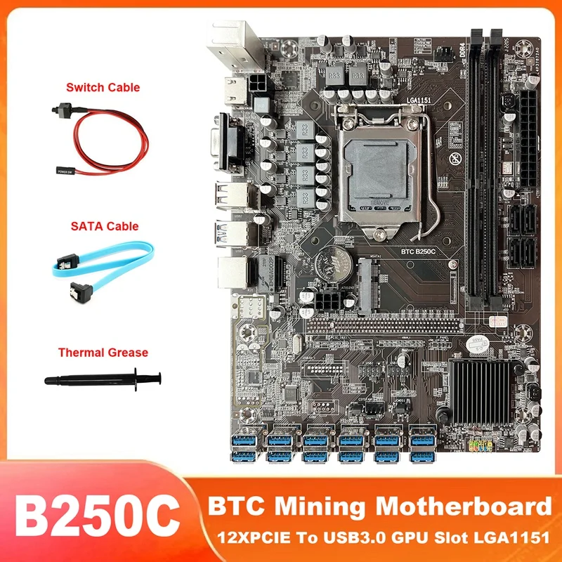 B250C BTC Mining Motherboard+SATA Cable+Switch Cable+Thermal Grease 12XPCIE To USB3.0 GPU Slot LGA1151 Miner Motherboard