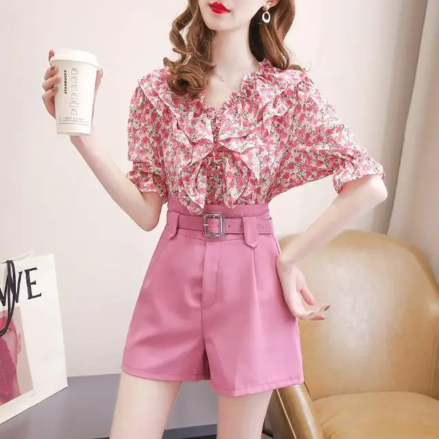

Women 2022 Summer Two Piece Set Floral Casual Outfit Suits Female Short Sleeve Shirt Blouse Tops and Shorts 2 Piece Sets O64