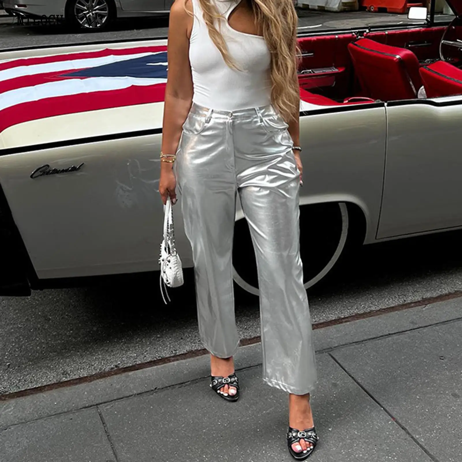 

Ladies Loose Fit Long Trousers PU Leather Metallic Pants Zipper High Waisted Pants Solid Color Spicy Girl Style Streetwear Suit