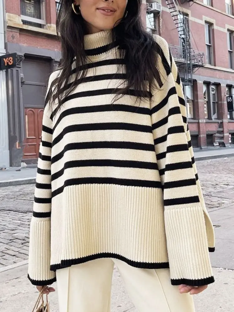 

New Ladies Autumn Winter Turtleneck Sweater Women Pullover Tops Clothes Black White Striped Loose Casual Sweater Jumpers Female