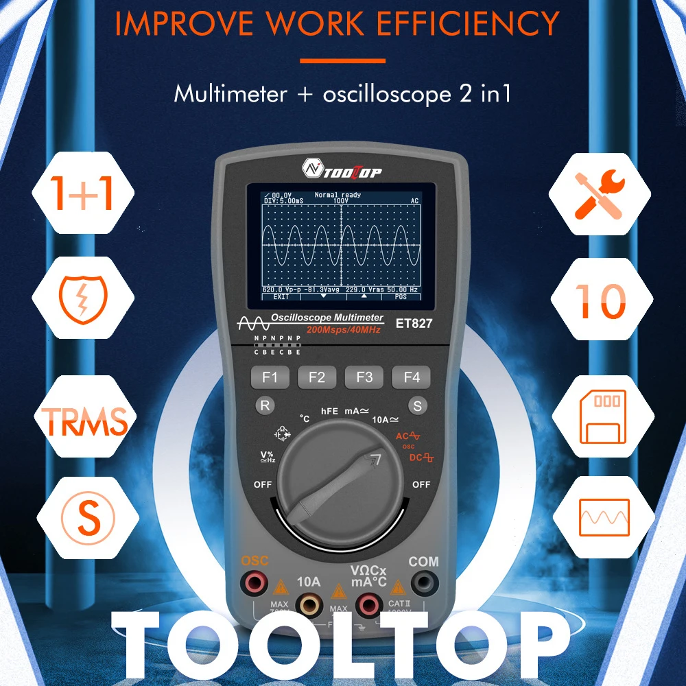 

ET827 Intelligent 2in1 Digital 40MHz 200Msps/S Oscilloscope 6000Counts True RMS Multimeter With Analog Grap AUTO Multimeter