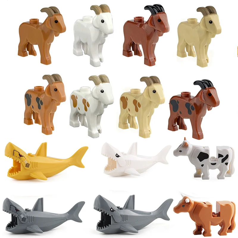 

4Pcs MOC City Animal Building Block Figures Zoo Goat Sheep Cow Shark Farm Street View Accessories Children Bricks Toys Gifts