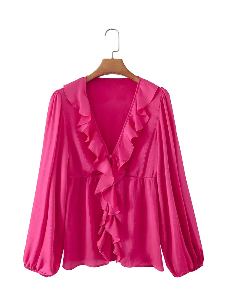 

Nlzgmsj ZBZA 2022 Spring Ruffle Blouse Women V Neck Long Sleeve Work Office Ladies Blusas Plus Size Casual Summer Tops 202203