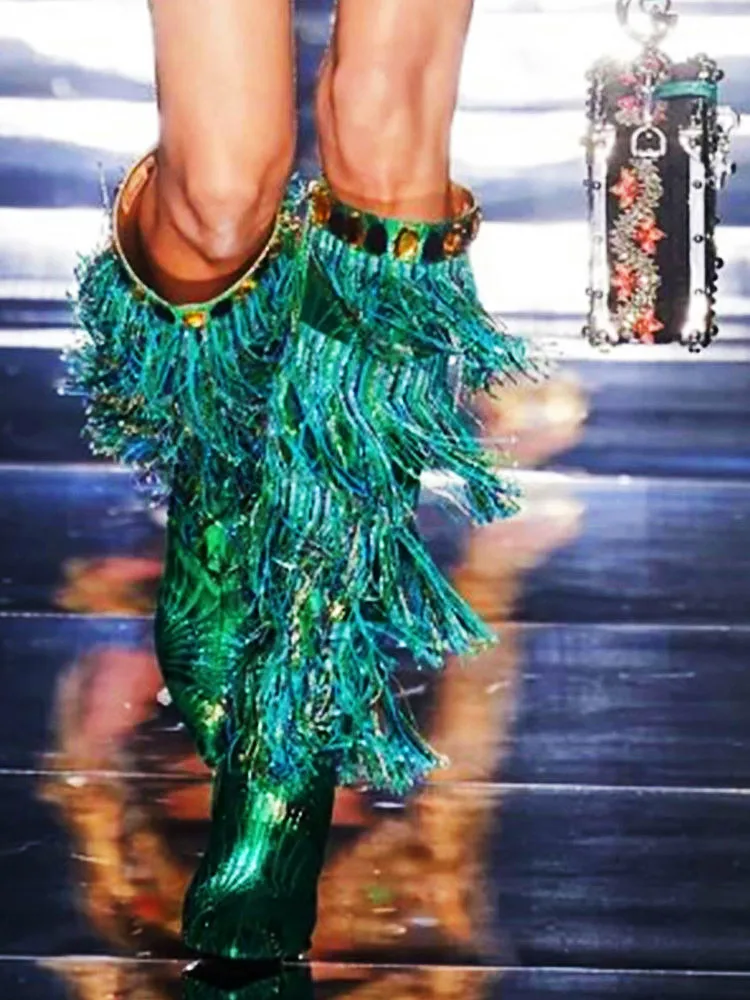 

New Luxury Brand Tassel Pointed Toe Women'S Boots Stiletto Gem Embroidered But Knee Boots Fashion Sexy Gladiator T-Stage Show