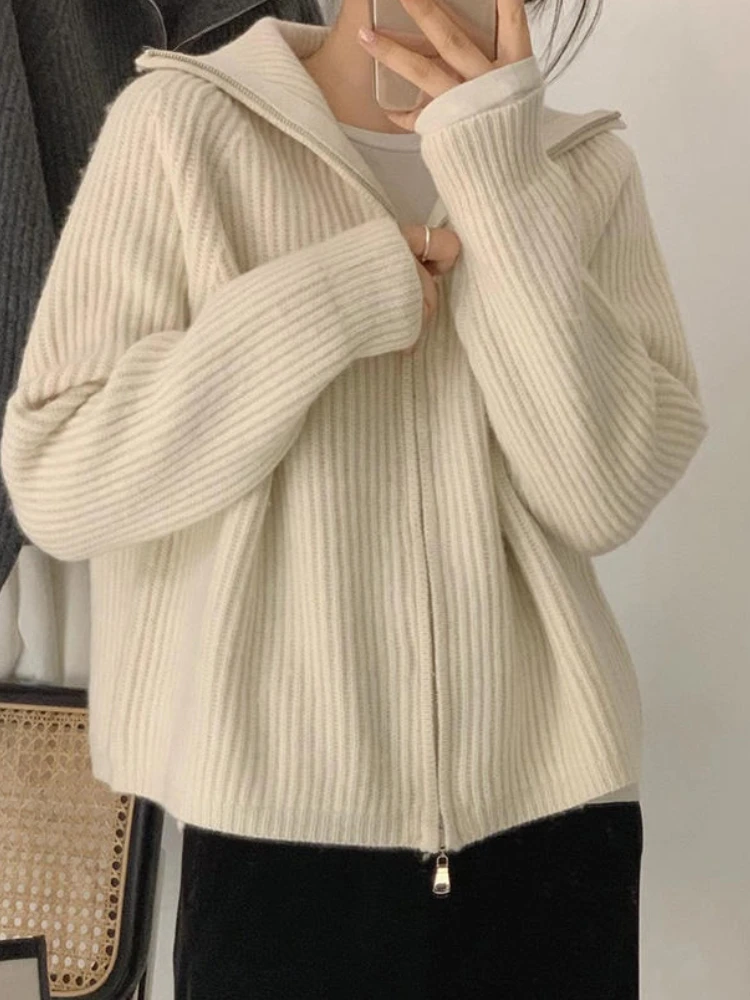 

Sweater Cardigan Women Spring New Solid Vintage All-match Elegant Zipper Loose Daily Soft Sweet Simple Casual Knitwear Chic Teen