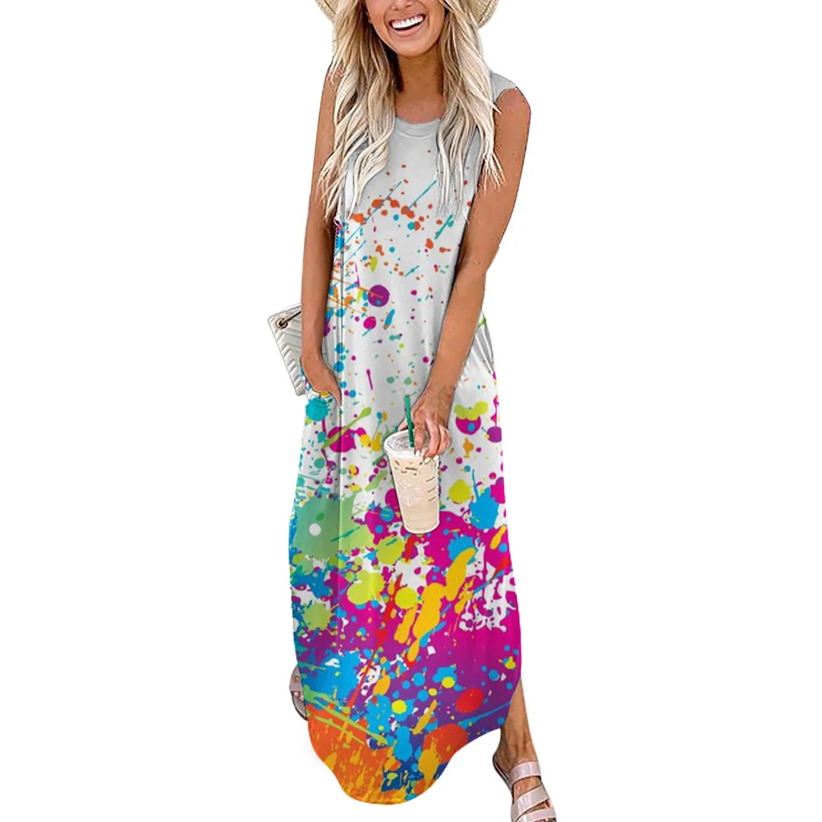 

Женские платья 2022 женская одежда Элегантное повседневное женское платье с карманами с цветочным узором без рукавов с разрезом сарафан с пр...