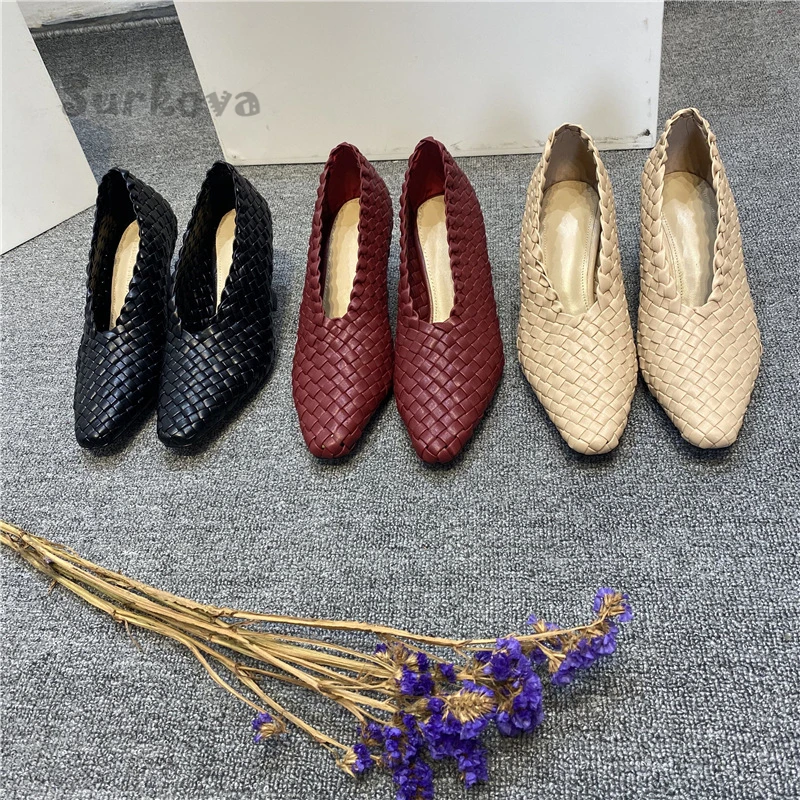 Woven Sheepskin Pumps Concise Pointed Toe High Heels Women's Shoes Comfortable Casual Mom's Kitten Heel Elegant Slip On Sandals