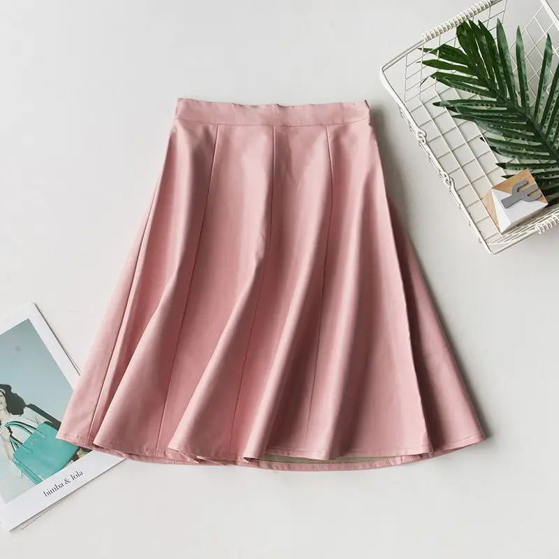 Autumn Winter Elegant Faux Leather Skirt Women High Waisted Knee Length Midi PU Skirts Soft Pink Flared Faldas Mujer Moda 2022